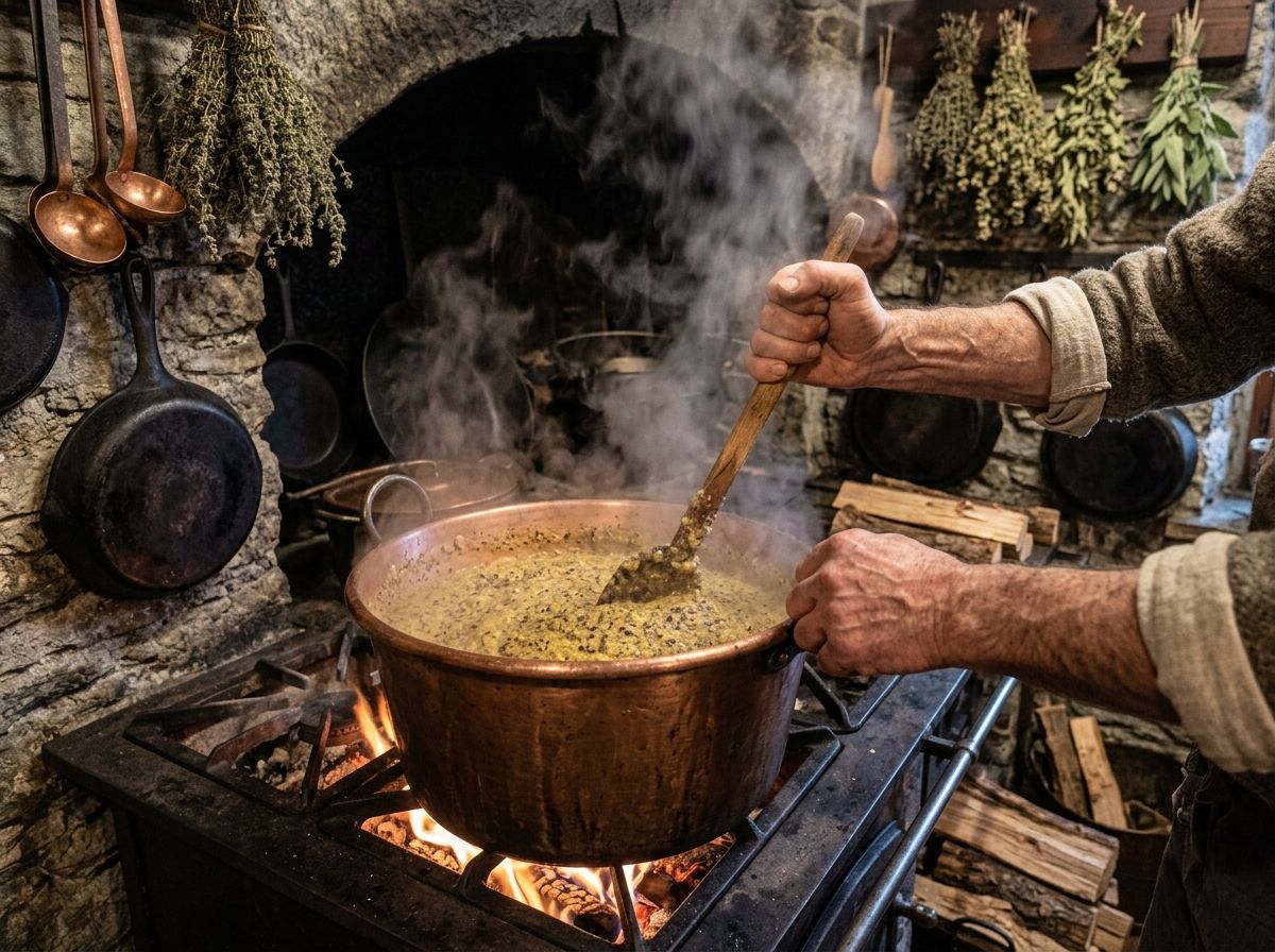 Le mani di un cuoco girano la polenta taragna in un paiolo di rame sulla stufa a legna, fra il vapore e le erbe appese
