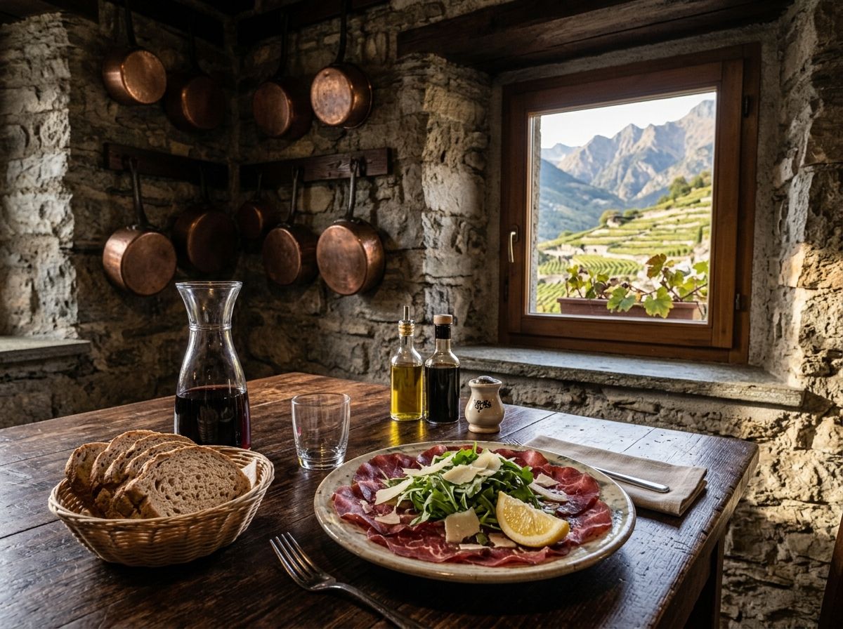 Un tavolo vicino alla finestra con la bresaola, il pane di segale e una caraffa di vino rosso; fuori, i vigneti a terrazze